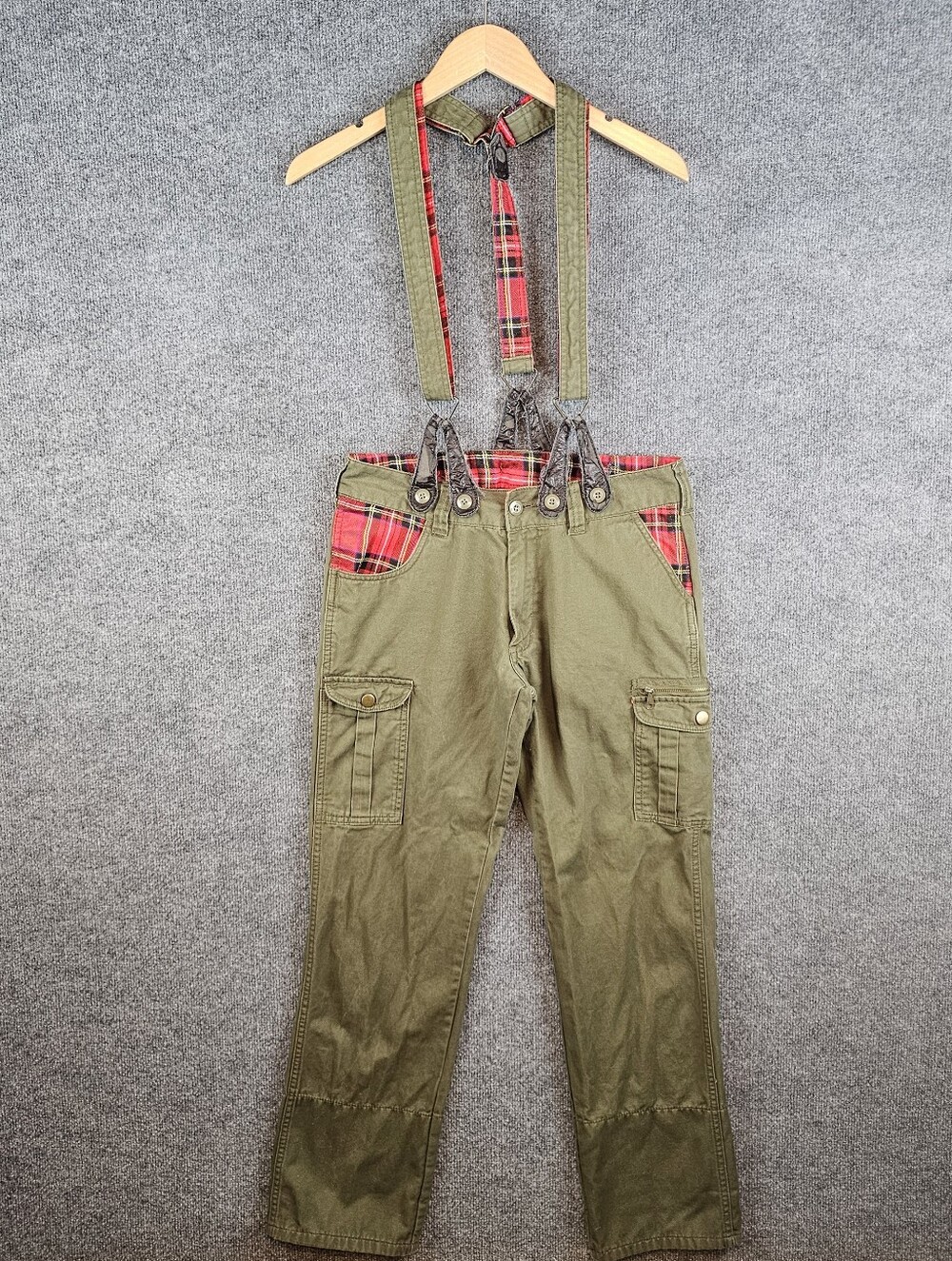 Punk| Grunge| Olive Green| Utility Cargo Pants| Red Plaid Size- Large